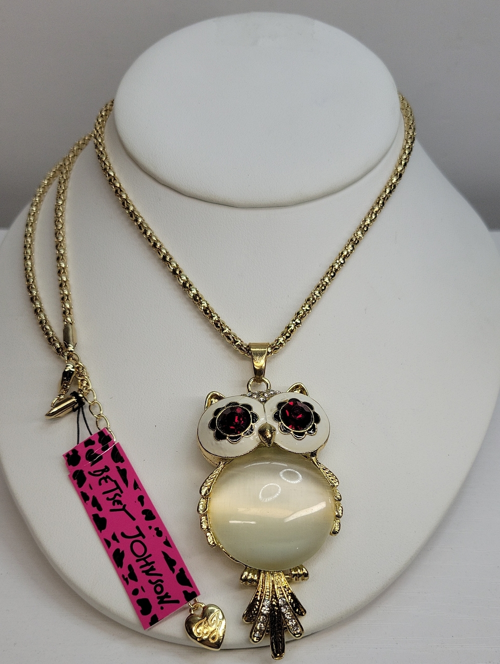 Betsey Johnson Gold Owl Pendant Necklace with Cream Stone and Pink Accents